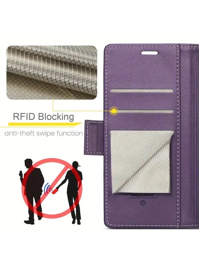 Purple RFID Blocking Leather Wallet Case With Card Holder Kickstand For Galaxy A52 5G - Image 5